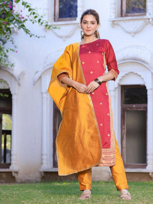 Maroon and Mustard Yellow Kurti with Pant and Dupatta