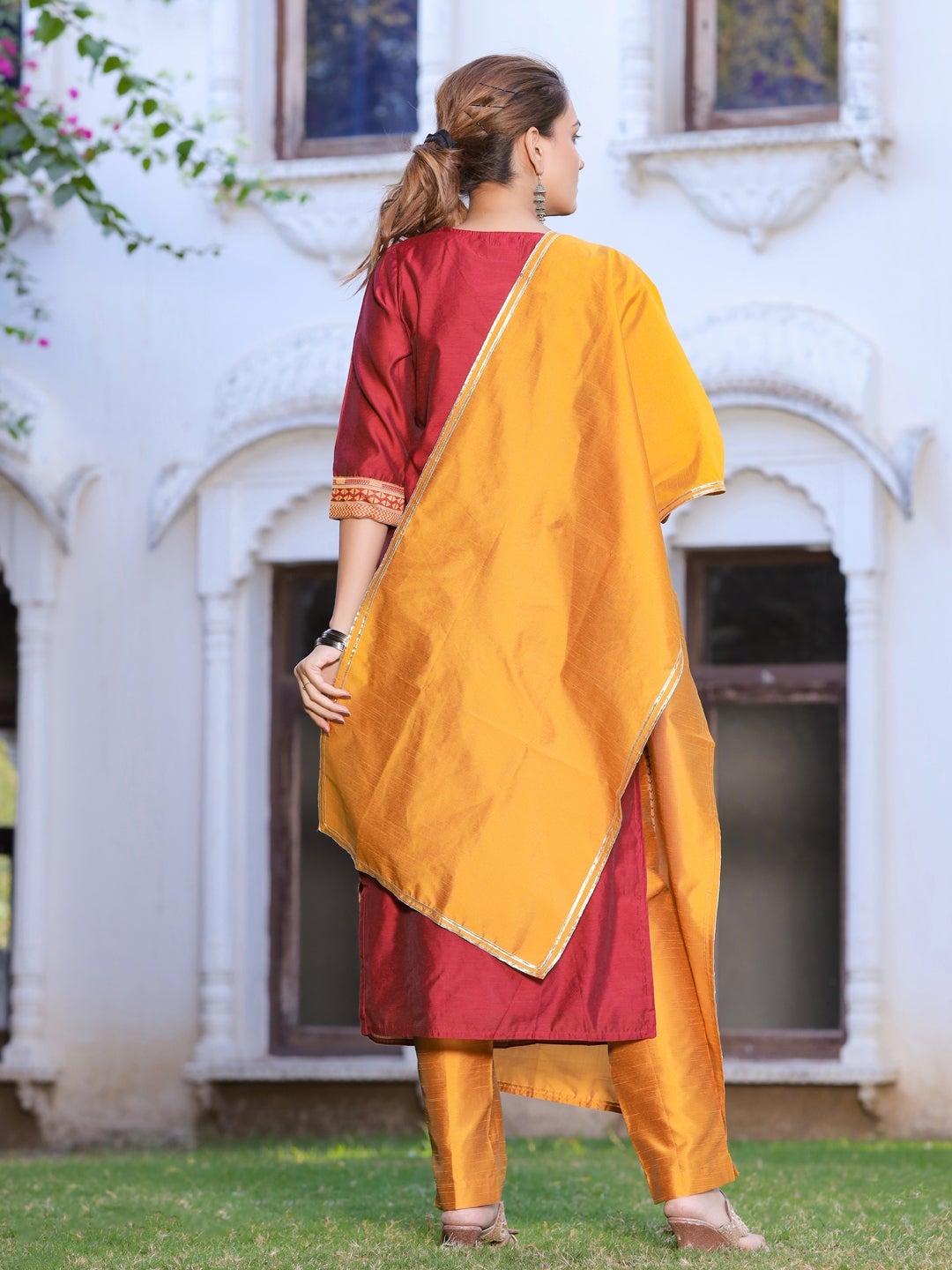 Maroon and Mustard Yellow Kurti with Pant and Dupatta