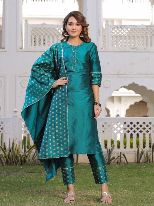 Teal Green Kurti with Pant and Dupatta