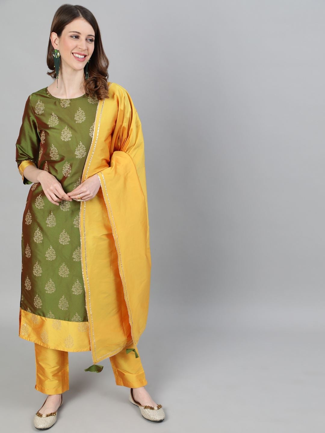 Olive Green and Mustard Yellow Kurti with Pant and Dupatta