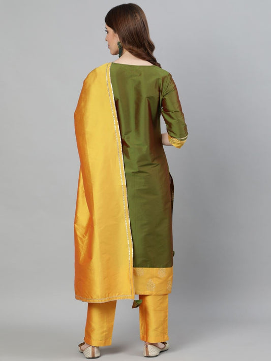 Olive Green and Mustard Yellow Kurti with Pant and Dupatta