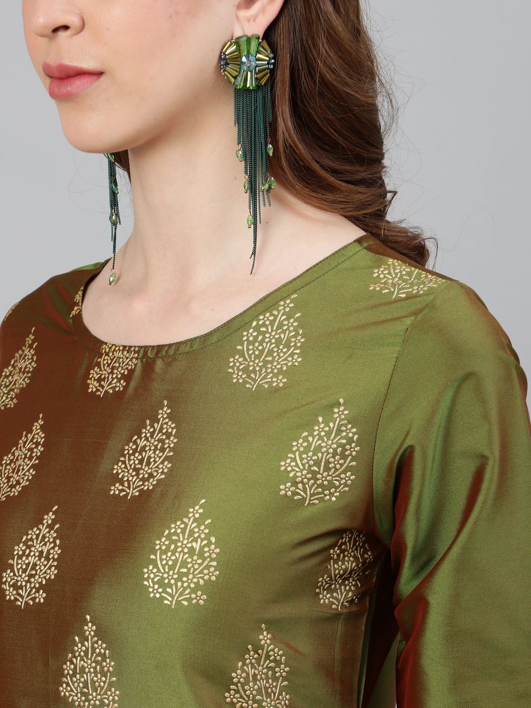 A-line Green Handloom cotton Kurta with Green and Yellow Ajrakh panel –  Sujatra