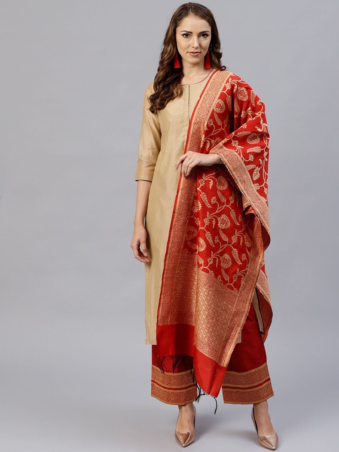 Beige and Red Kurti with Palazzo and Dupatta