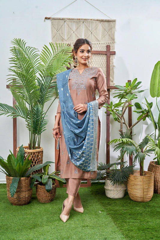 Brown Viscose Silk Kurta with Bottom and Dupatta