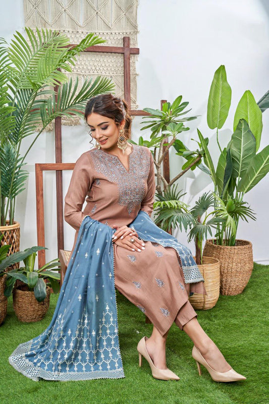 Brown Viscose Silk Kurta with Bottom and Dupatta