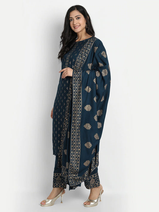 Navy Blue Printed Soft Cotton Kurta with Bottom and Dupatta