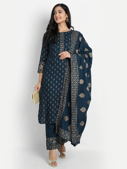 Navy Blue Printed Soft Cotton Kurta with Bottom and Dupatta