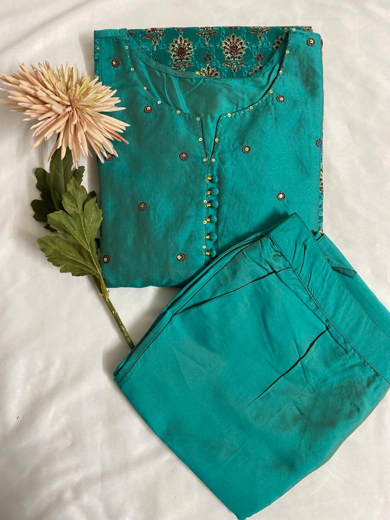 Teal Green Chanderi Silk Kurti with Pant