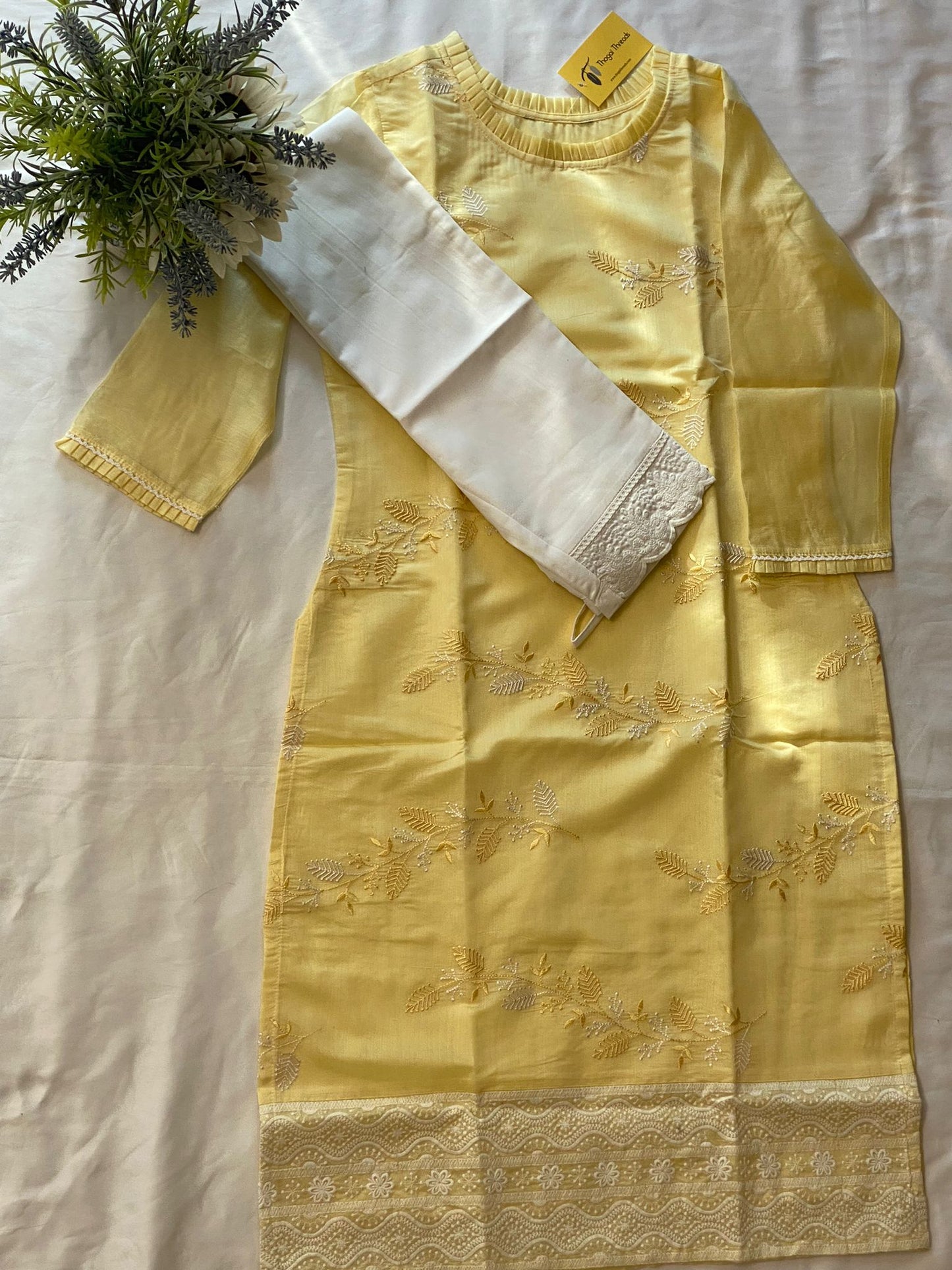 Yellow Chanderi Cotton Kurta with lace work Pant
