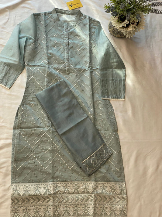 Blue Chanderi Cotton Kurta with lace work Pant