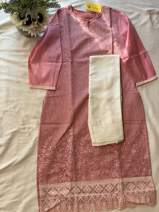 Pink  Chanderi Cotton Kurta with lace work Pant