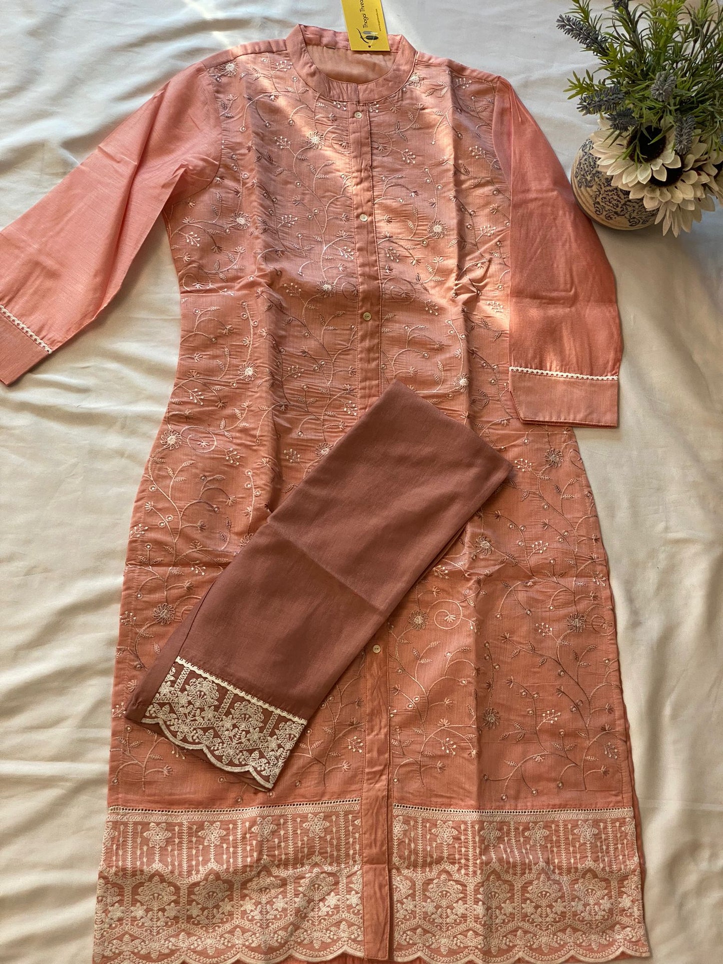 Peach Chanderi Cotton Kurta with lace work Pant