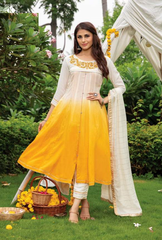 White Yellow Shaded Muslin Kurta with Bottom and Dupatta