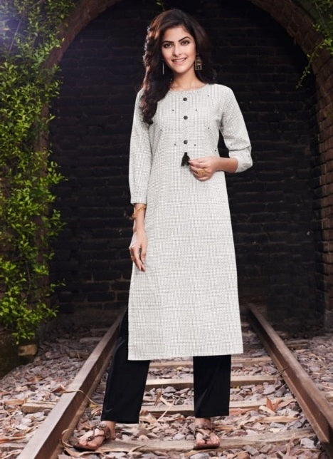 White Cotton Checked Kurta with Pant