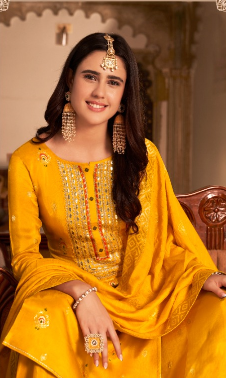 Yellow Jacquard Silk Kurta with Sharara and Dupatta