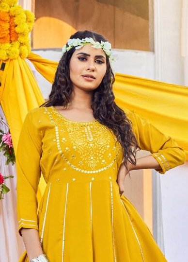 Yellow Rayon Anarkali Kurti