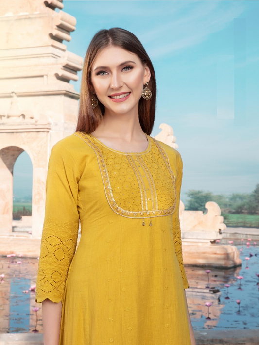 Yellow Schiffli Cotton Kurti