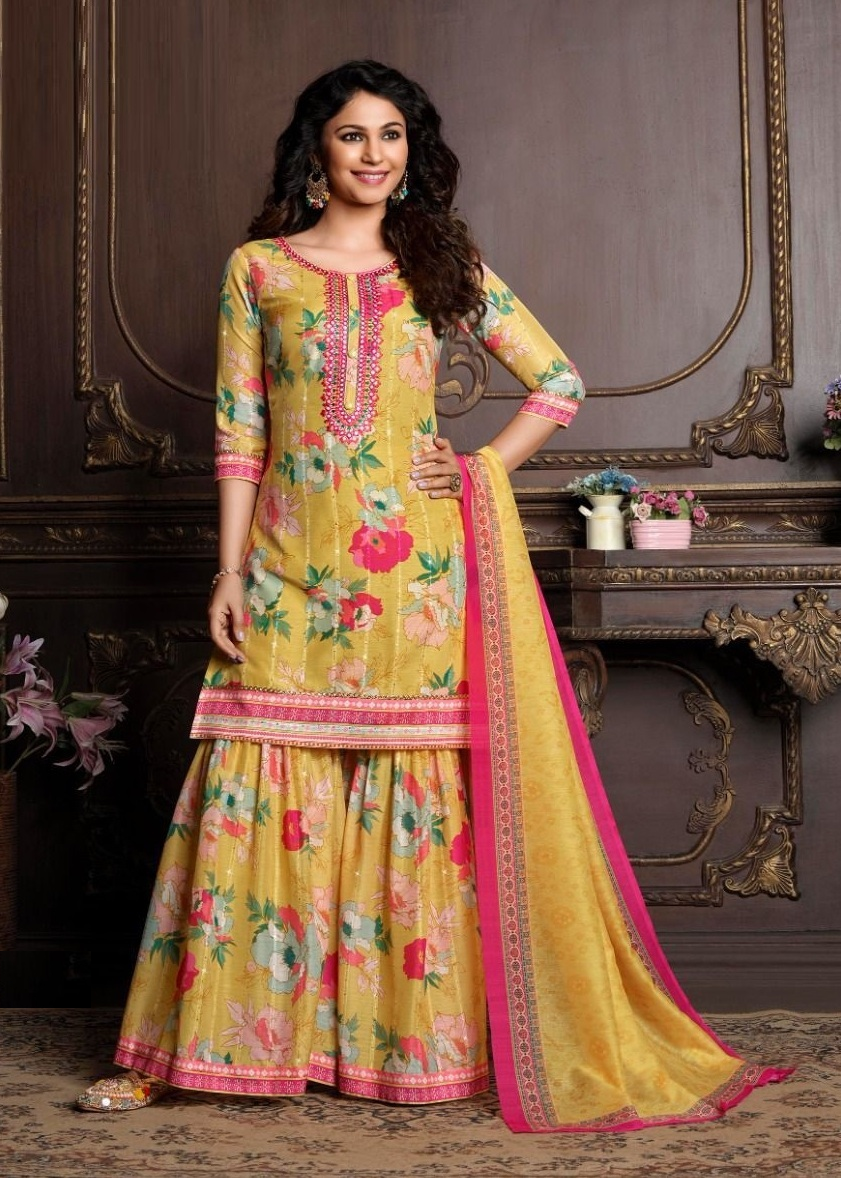 Yellow floral print Muslin Kurta with Gharara and Dupatta