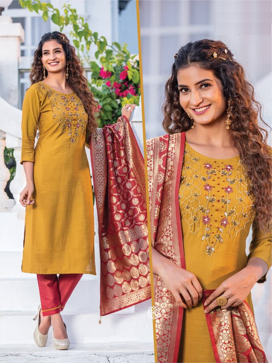 Yellow Rayon Sarkar Silk Kurta with Bottom and Dupatta