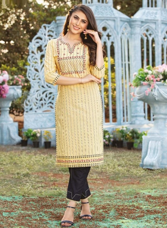 Yellow Viscose Cotton Kurta with Black Pant