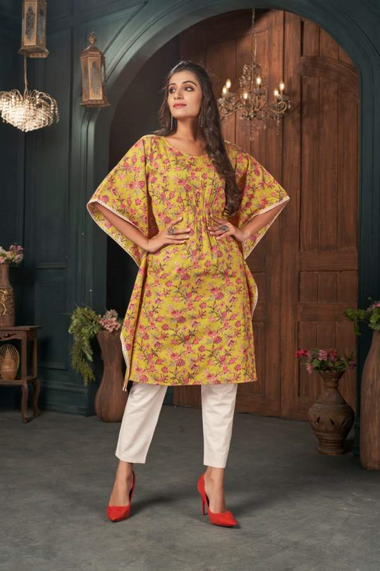 Yellow Kaftan Floral Print Kurti