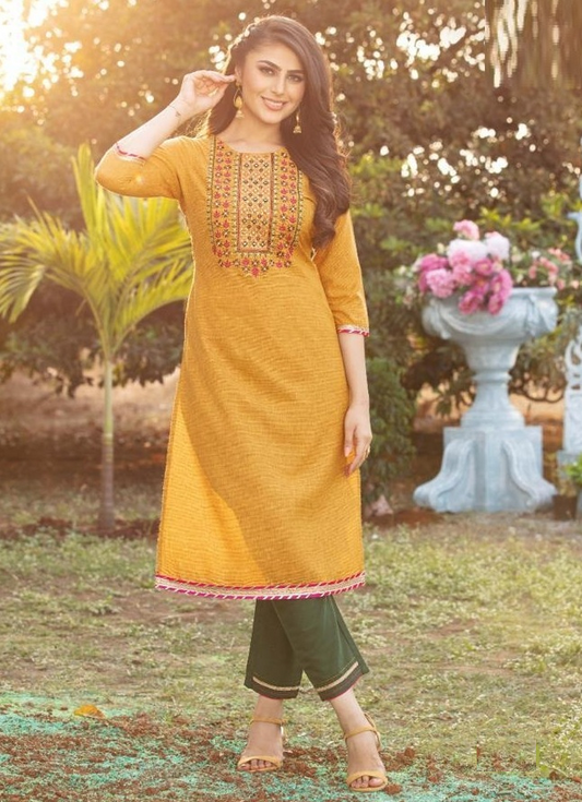 Yellow Viscose Cotton Kurta with Green Pant