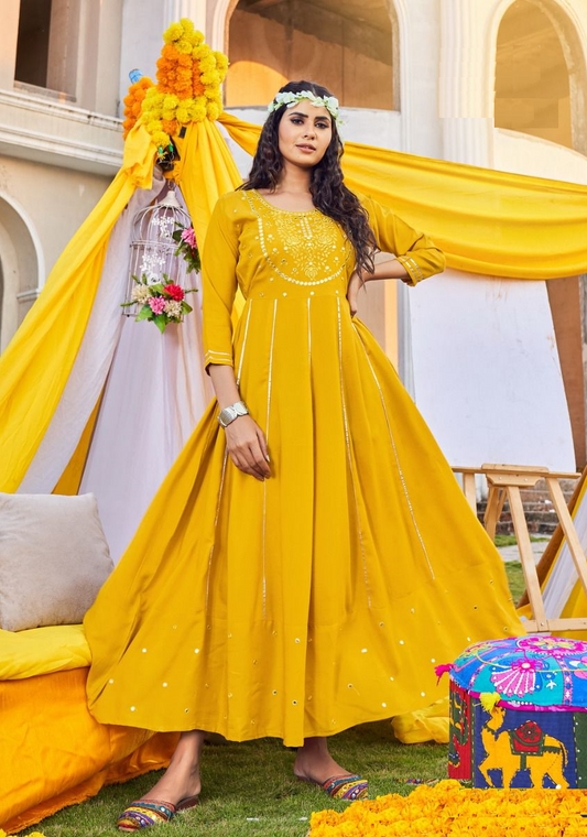 Yellow Rayon Anarkali Kurti