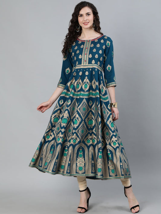 Blue Viscose Rayon Foil Print Kurti