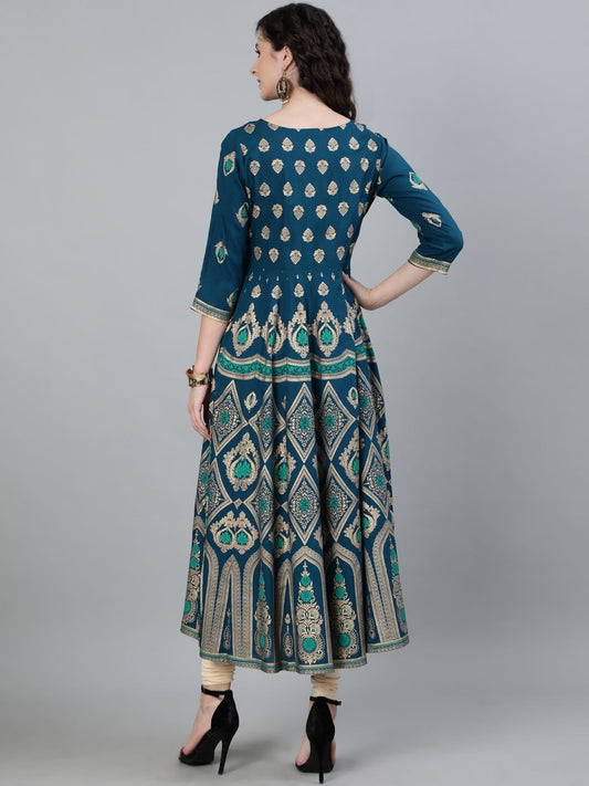 Blue Viscose Rayon Foil Print Kurti